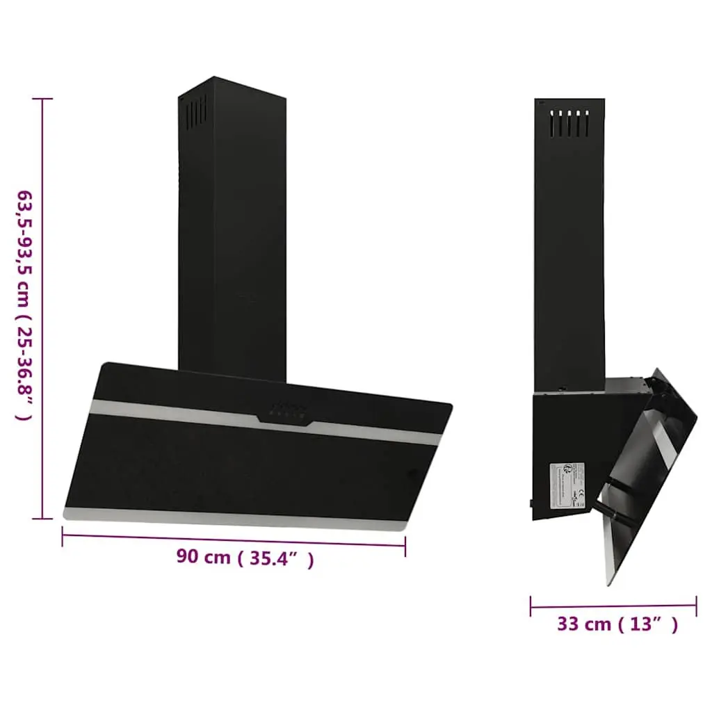 Wall Range Hood 90cm Steel Tempered Glass Black 297m³/h