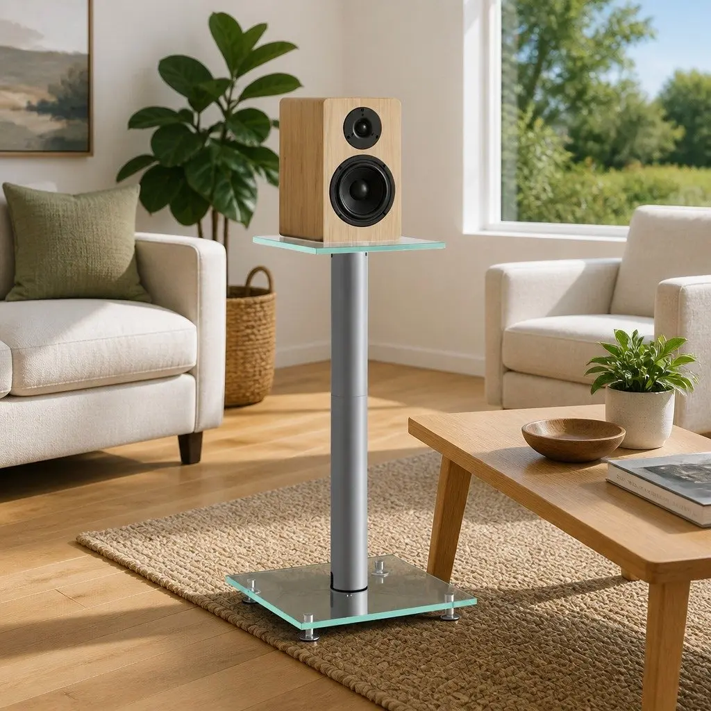 Tempered Glass Speaker Mounts Silver Pair Aluminium Single Pillar Audio Stands