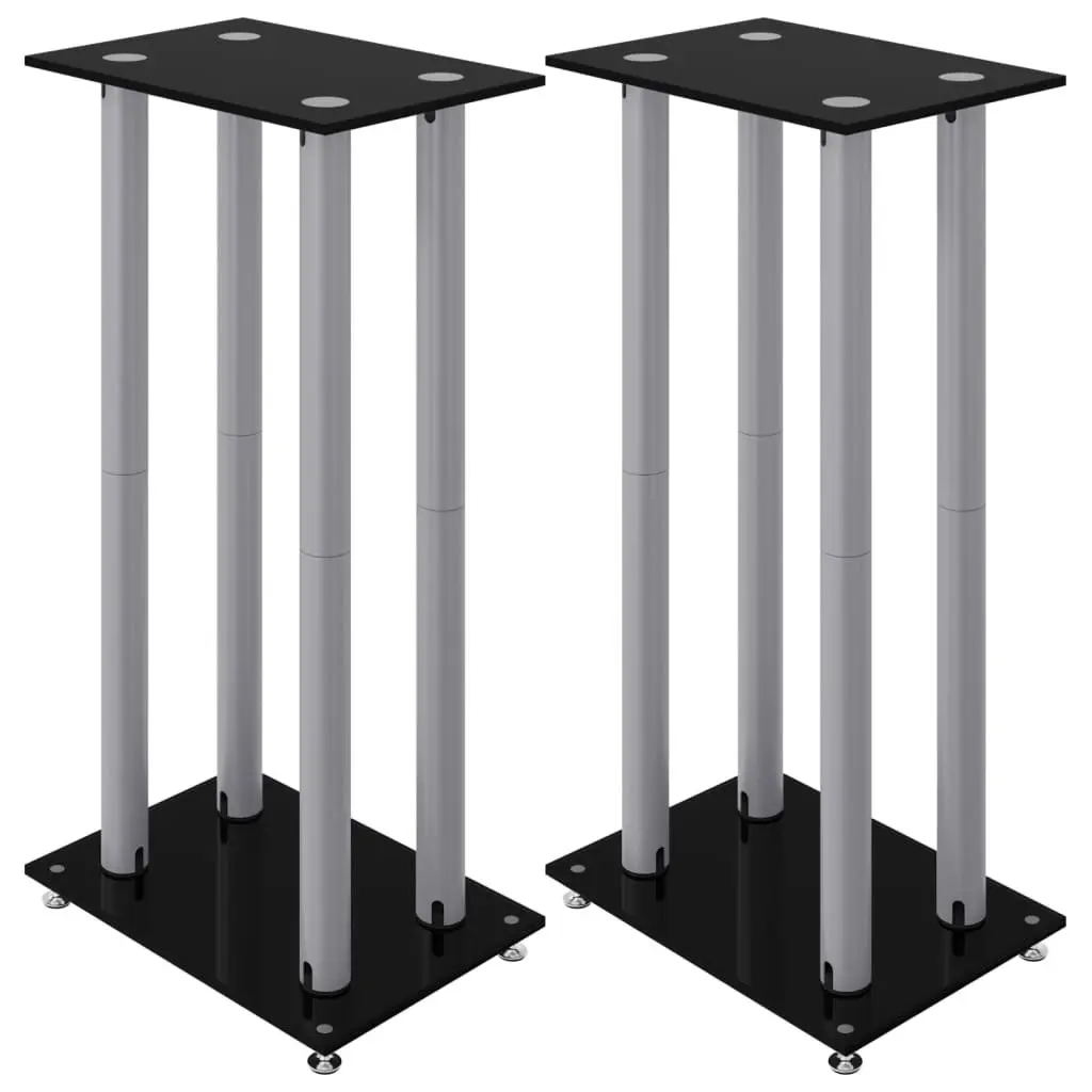 Speaker Stands Pair Tempered Glass Aluminium Pillars 2 Pieces Black