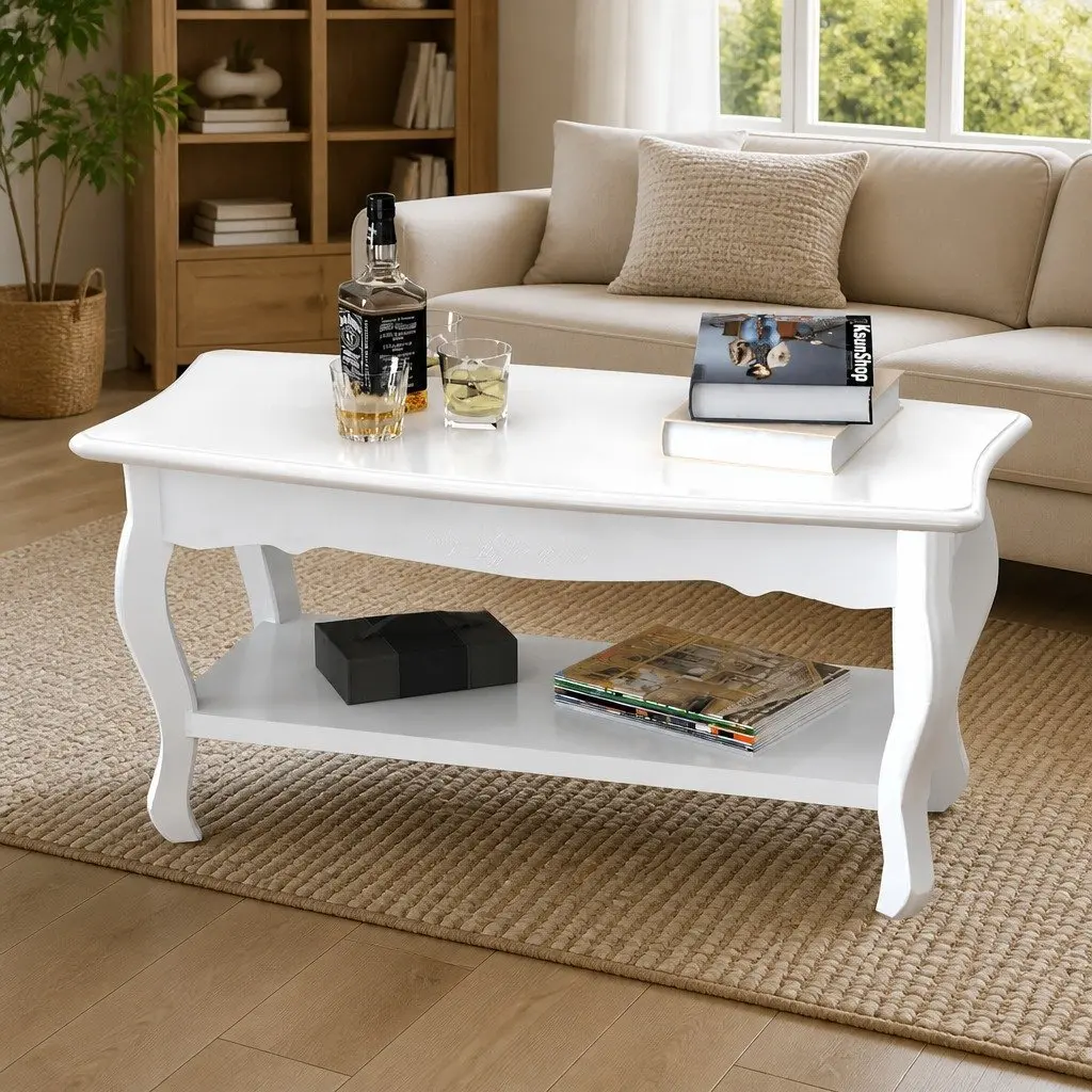 Coffee Table Solid Pine Wood 2-Tier Open Shelves White Contemporary