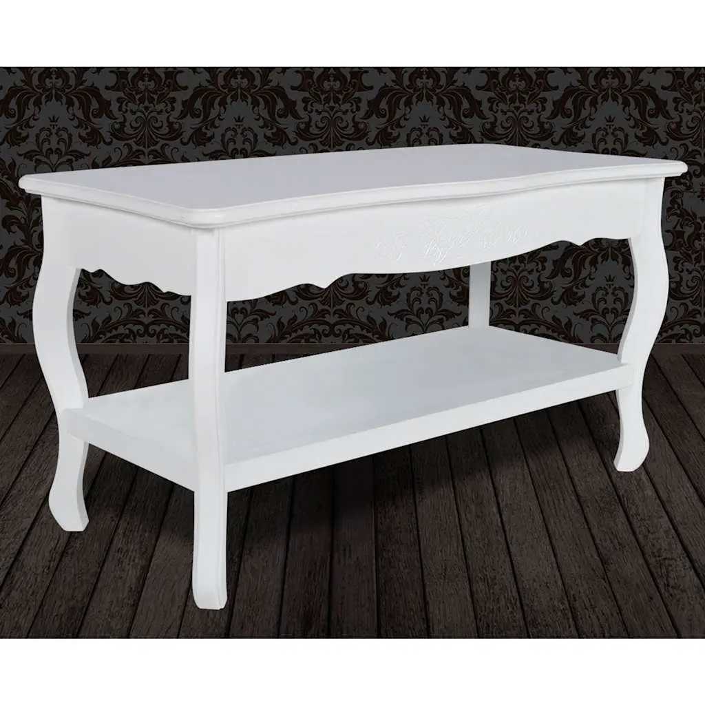 Coffee Table Solid Pine Wood 2-Tier Open Shelves White Contemporary