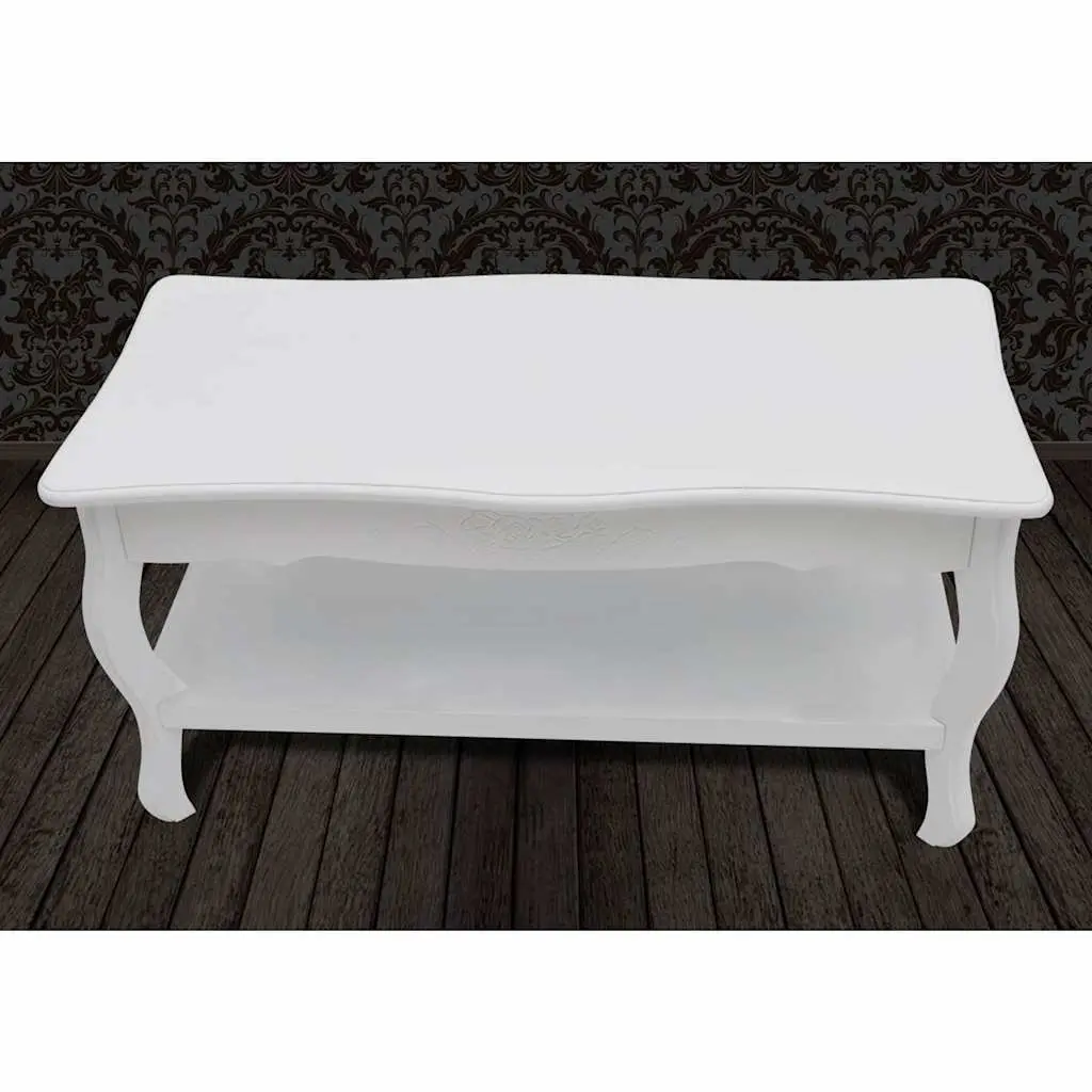 Coffee Table Solid Pine Wood 2-Tier Open Shelves White Contemporary