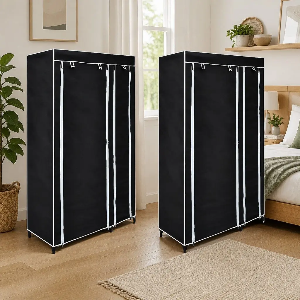 Folding Wardrobe Fabric 2 pcs Black Portable Storage Organizer