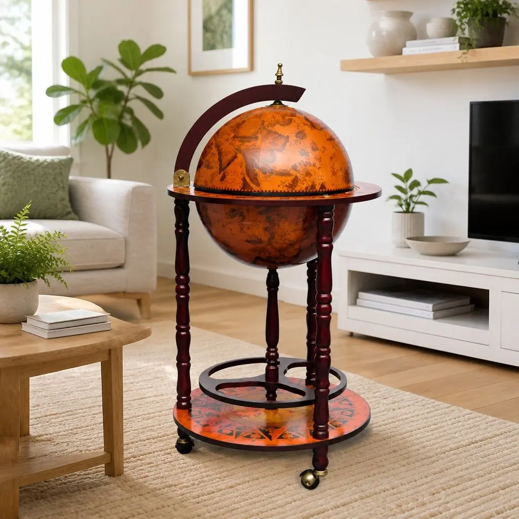 Wooden Globe Bar Cabinet Solid Wood Brown