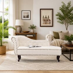 Chaise Longue Cream White Faux Leather Lounge Chair with Wooden Legs
