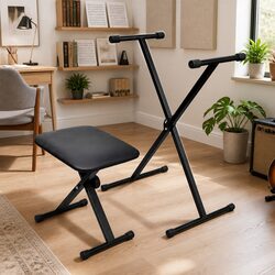 Adjustable Keyboard Stand and Stool Set Black Heavy Duty Music Performance