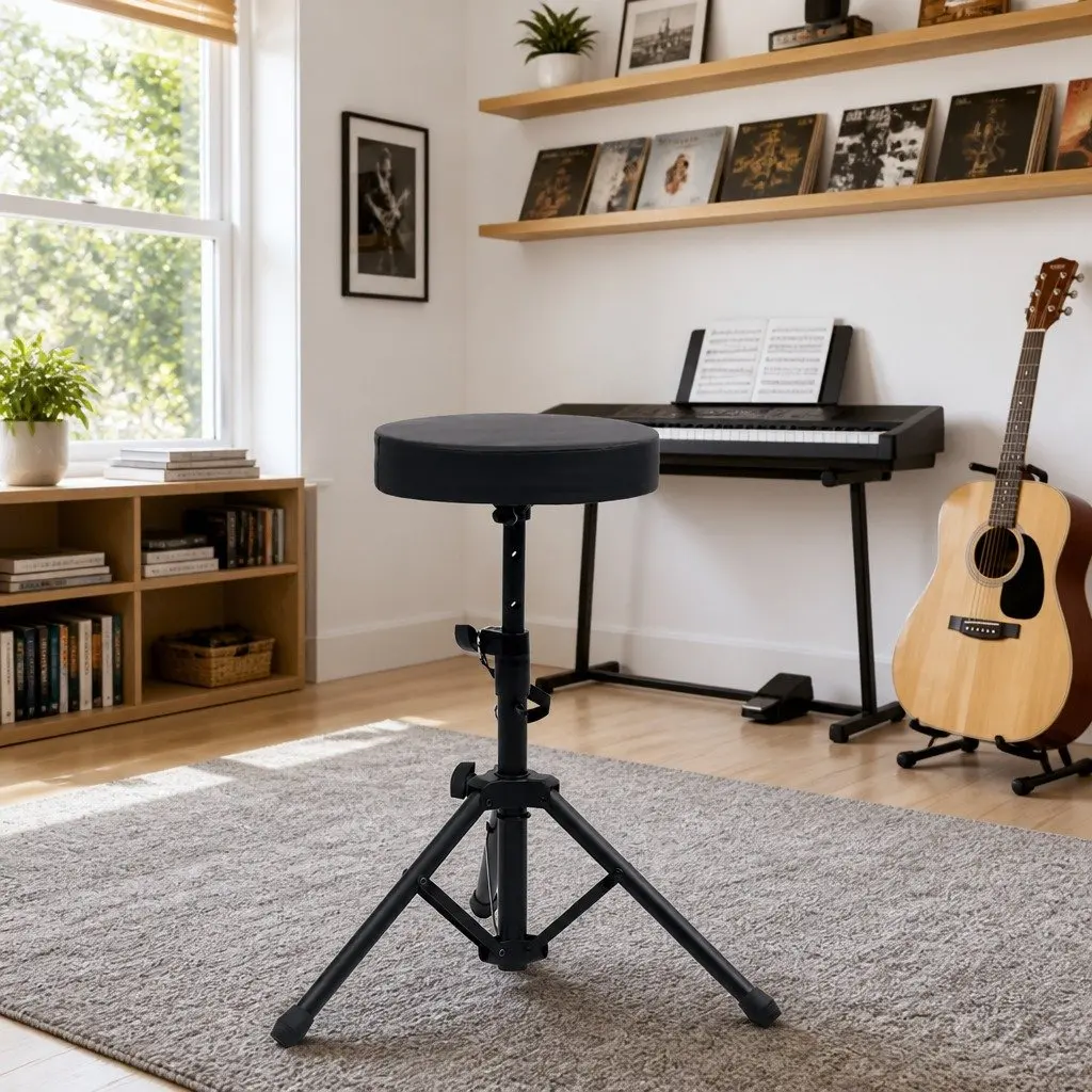 Round Padded Drum Stool Adjustable Height Black Steel Tripod Legs Foldable
