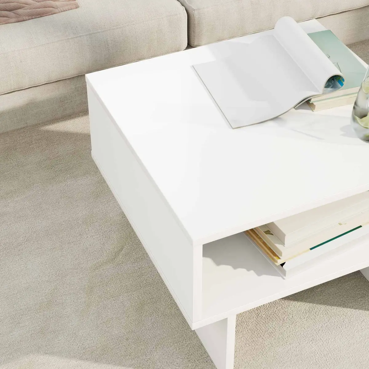 White Coffee Table Modern Living Room Accent Furniture Engineered Wood Storage