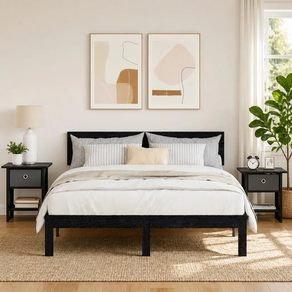 Bedside Table Engineered Wood Compact Black 2 Piece Storage Nightstand