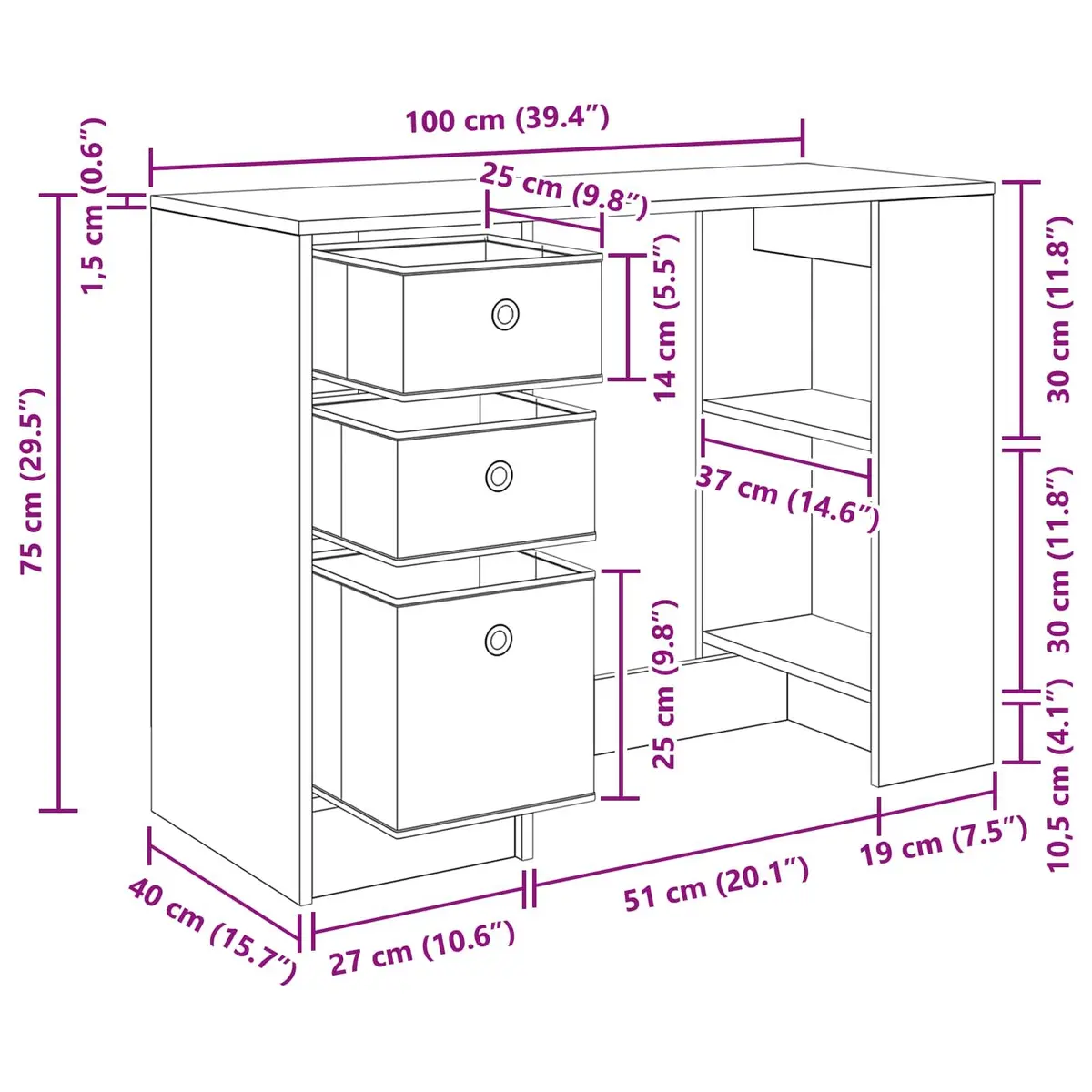 Desk Engineered Wood Rectangular 100 x 40 x 75 cm White