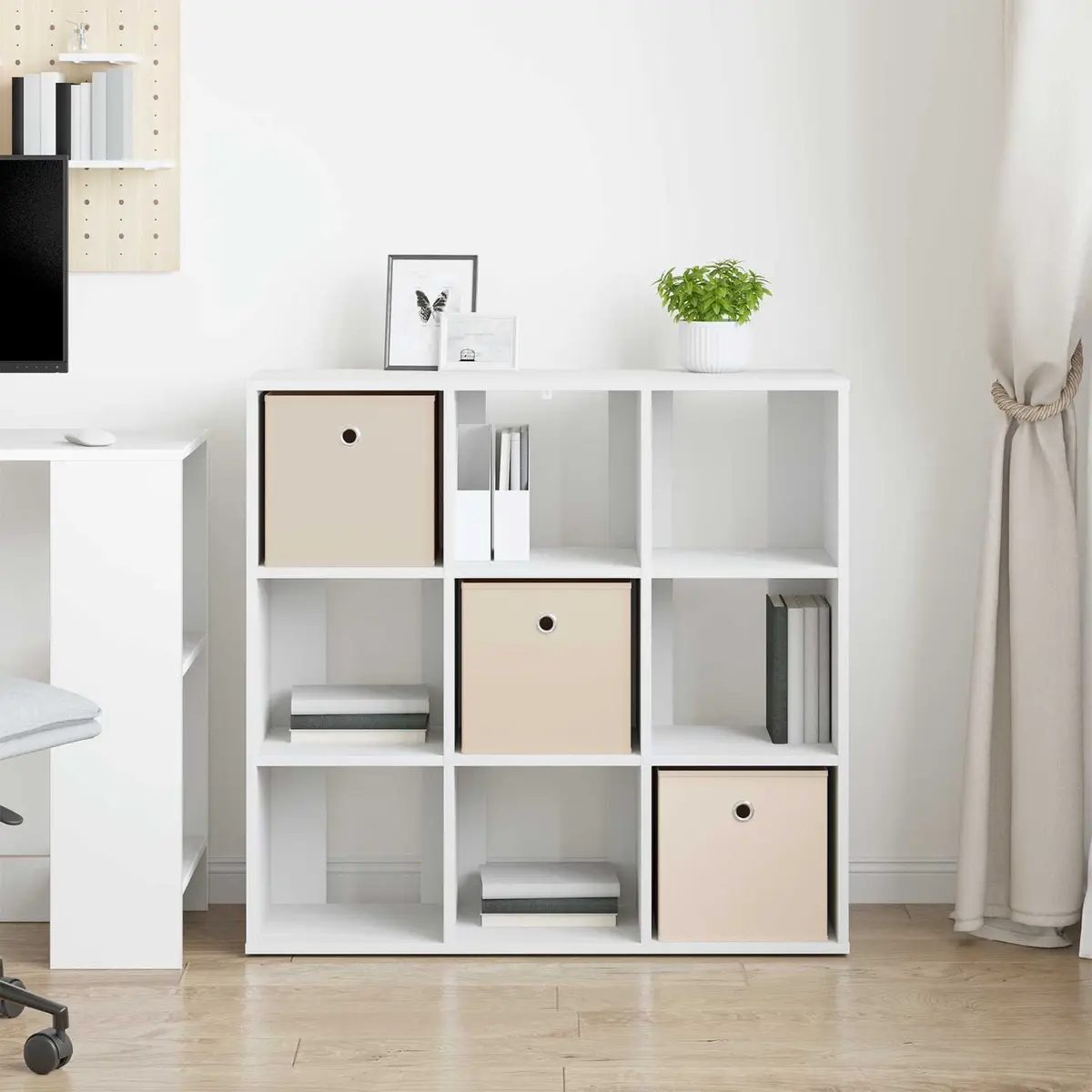 White Storage Cabinet Engineered Wood 88.5 x 29 x 84.5 cm Modern Sideboard with Recessed Handle and Adjustable Shelves for Living Room