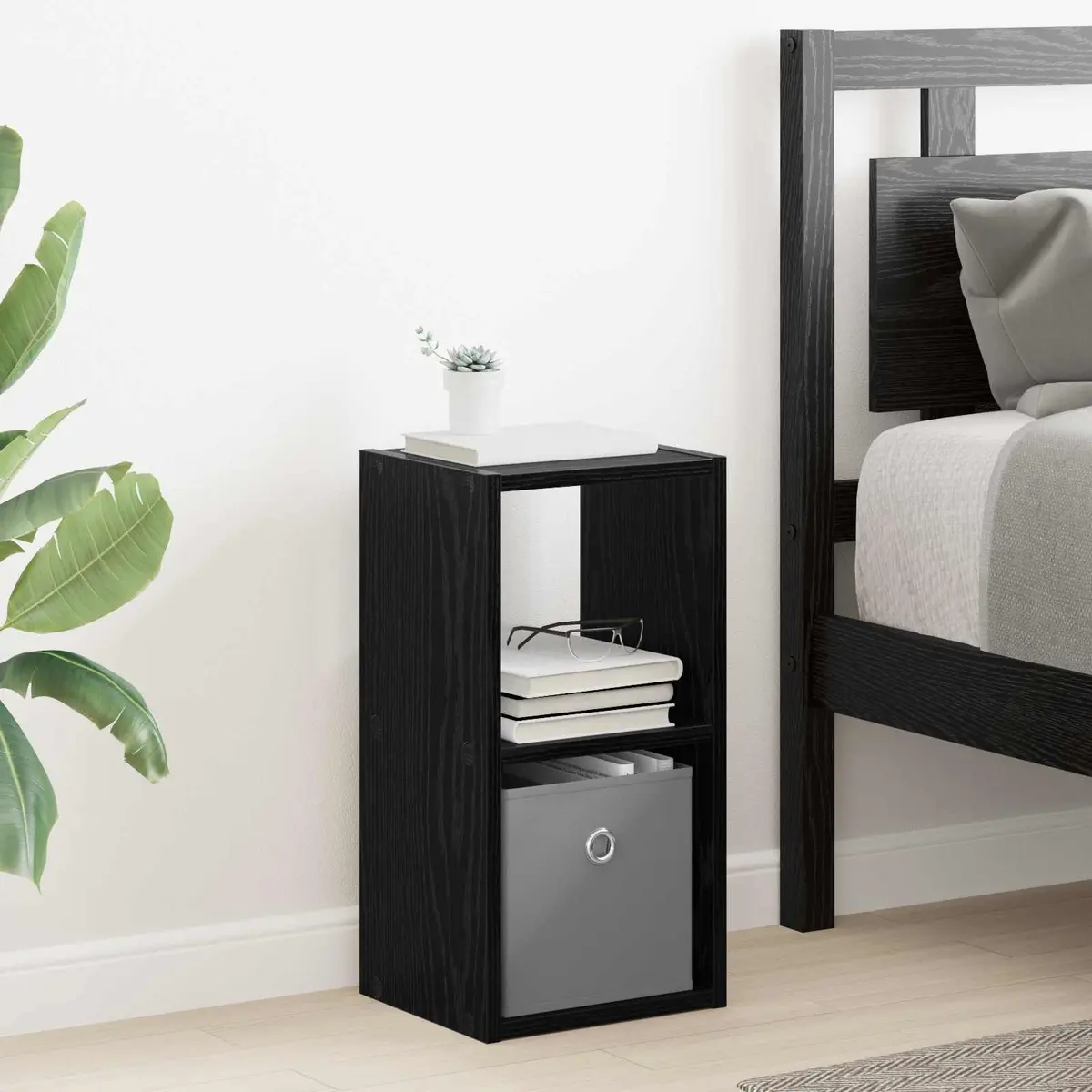 Bedside Table Engineered Wood 25.5 x 22 Black Modern Nightstand with Drawer