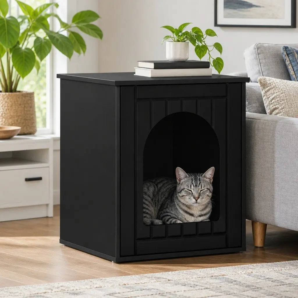 Modern Cat House Black Indoor Pet Furniture Engineered Wood Hideaway Bed