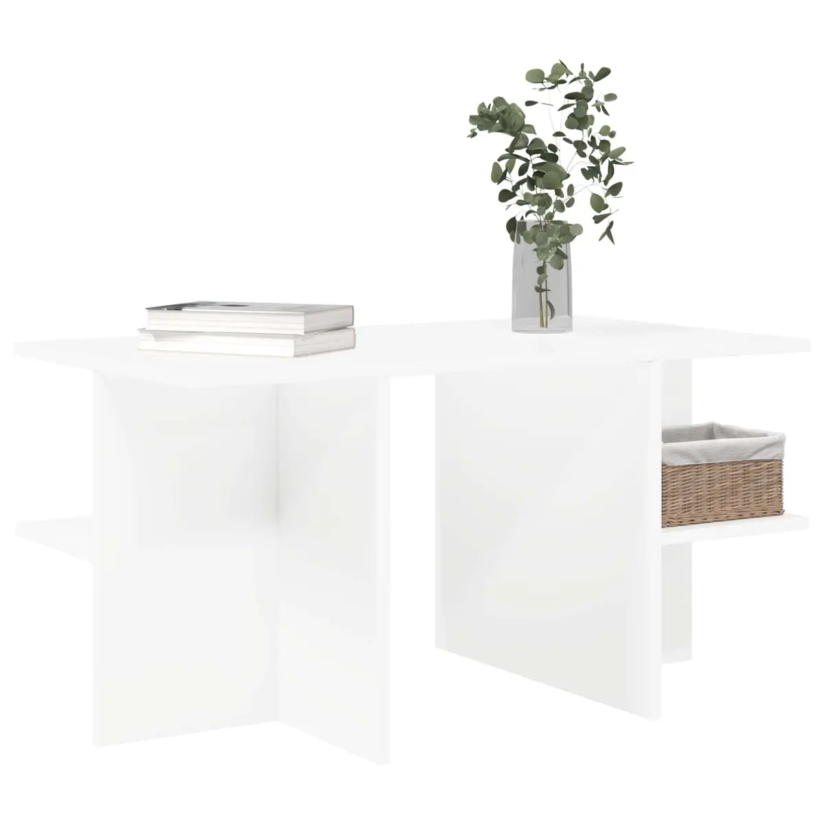 Coffee Table White Modern Living Room Accent Furniture with Open Storage Shelves
