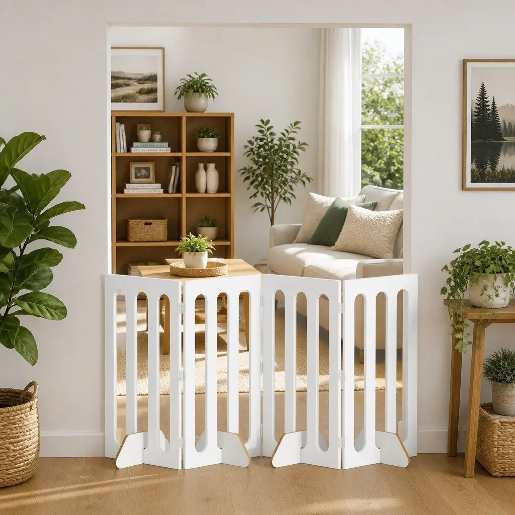 Folding Pet Fence Engineered Wood 4 Panels White Indoor Dog Barrier Room Divider Gate