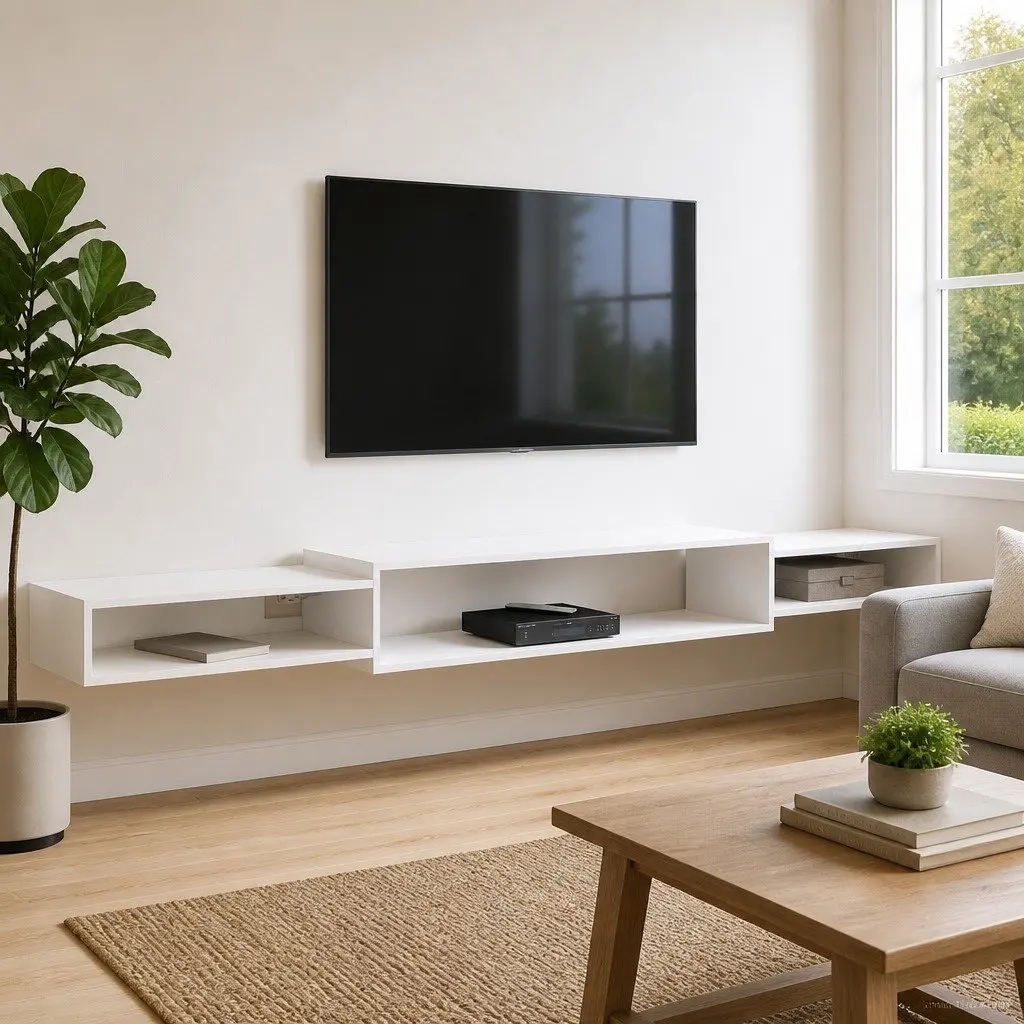 Wall-Mounted TV Cabinet Engineered Wood 220x28x21cm White Shelving Unit Open Storage