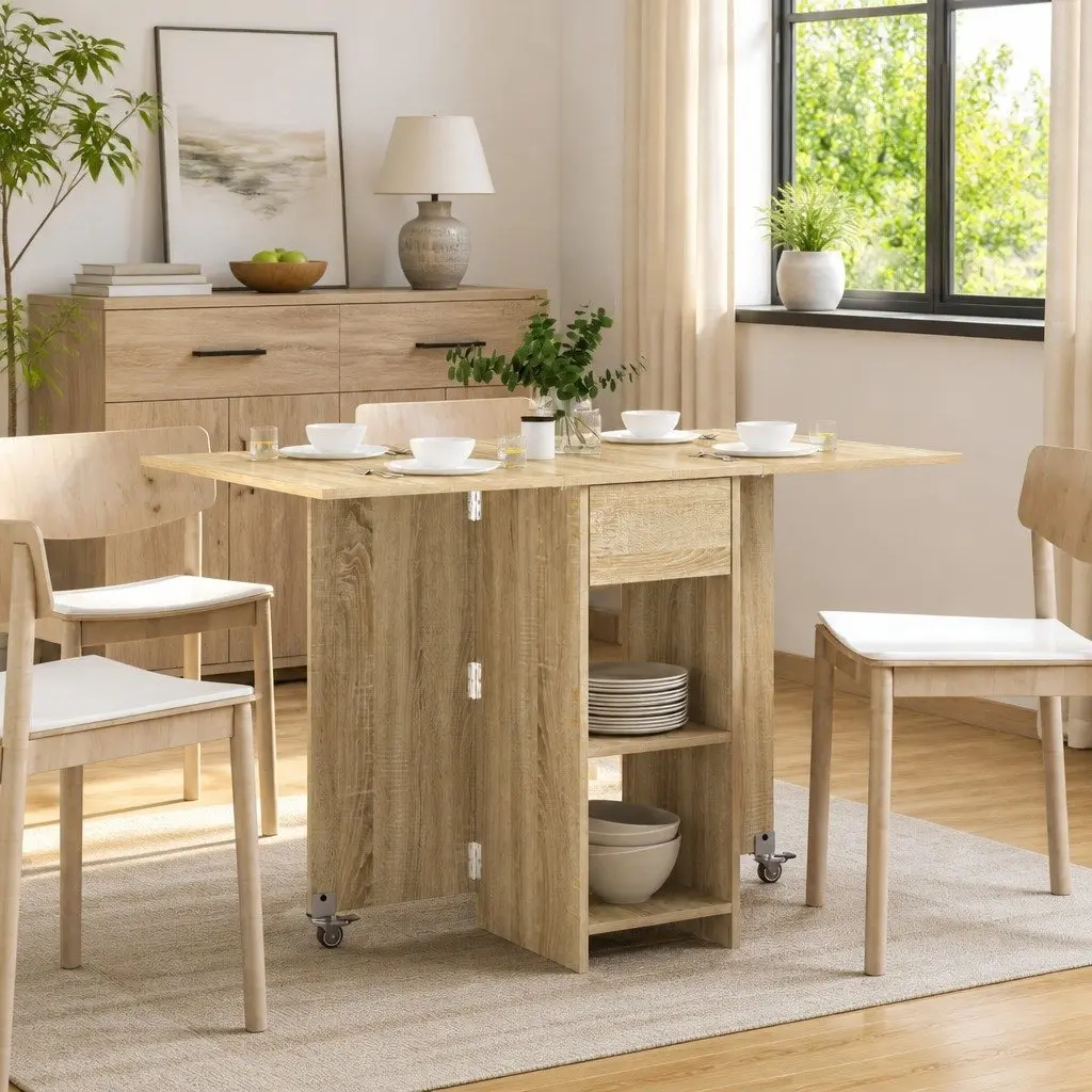 Dining Table Engineered Wood 115x70x75cm Sonoma Oak Folding Top Storage Shelves