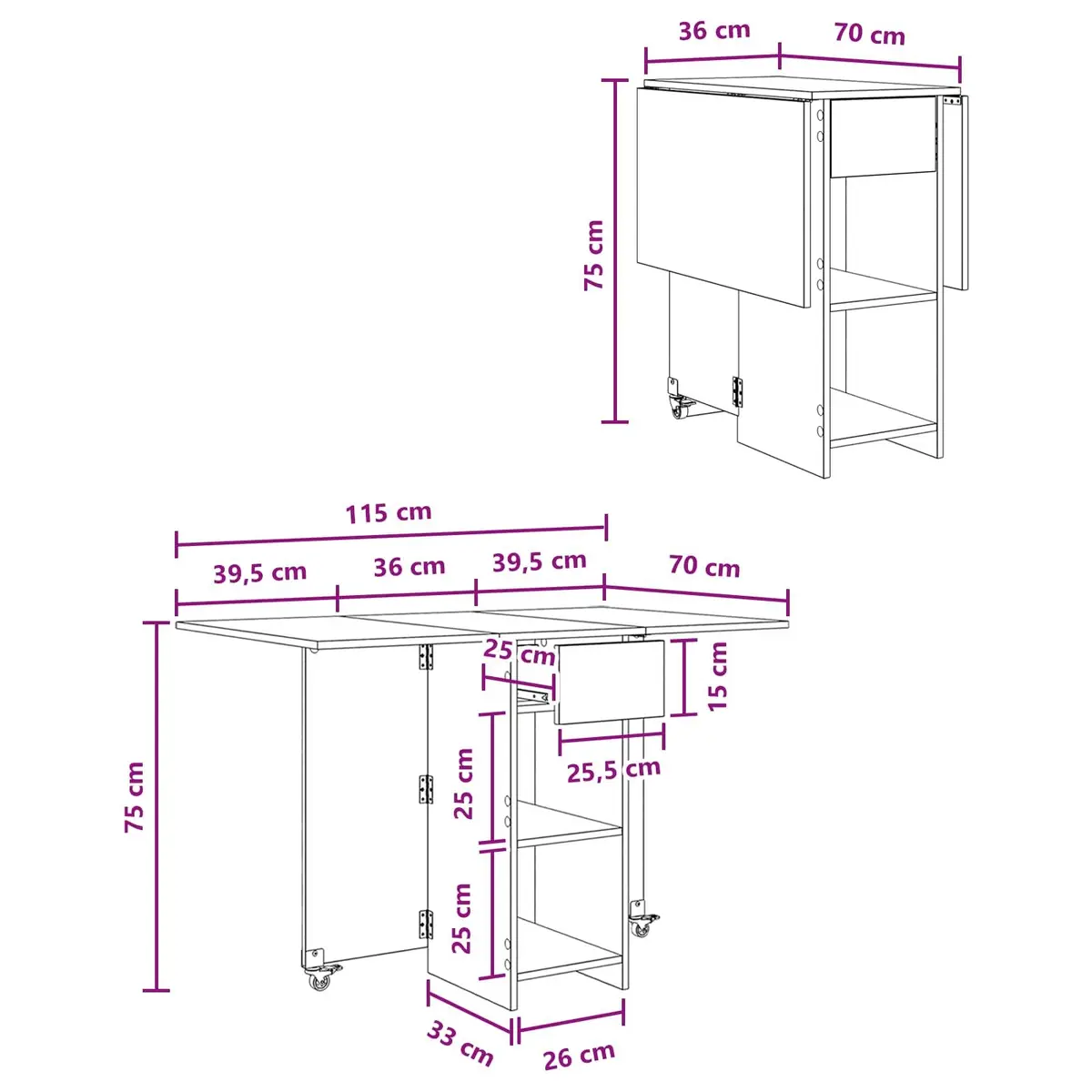 Dining Table Engineered Wood 115x70x75cm Sonoma Oak Folding Top Storage Shelves
