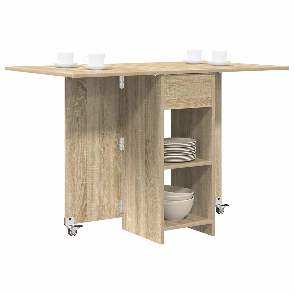 Dining Table Engineered Wood 115x70x75cm Sonoma Oak Folding Top Storage Shelves
