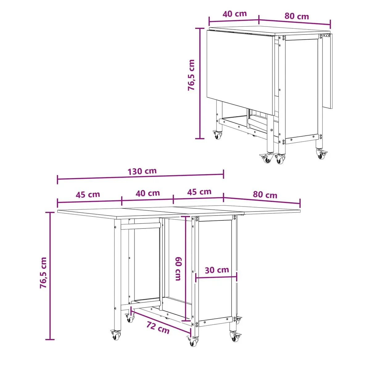 Folding Table Black Engineered Wood 130x80cm with Lockable Wheels and Lower Storage Shelf