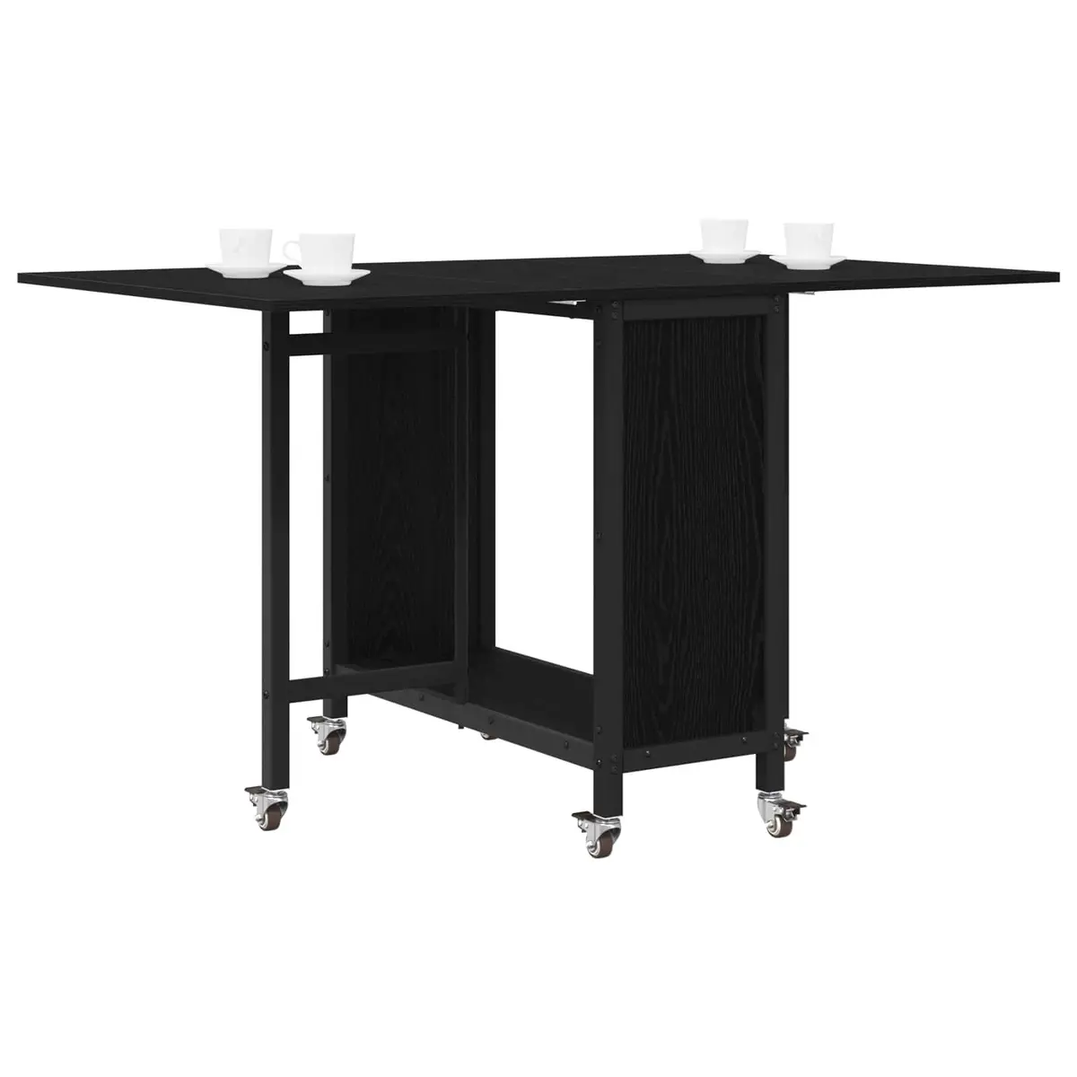 Folding Table Black Engineered Wood 130x80cm with Lockable Wheels and Lower Storage Shelf