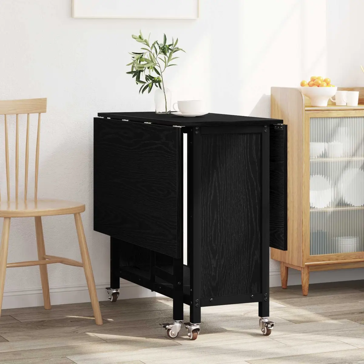 Folding Table Black Engineered Wood 130x80cm with Lockable Wheels and Lower Storage Shelf