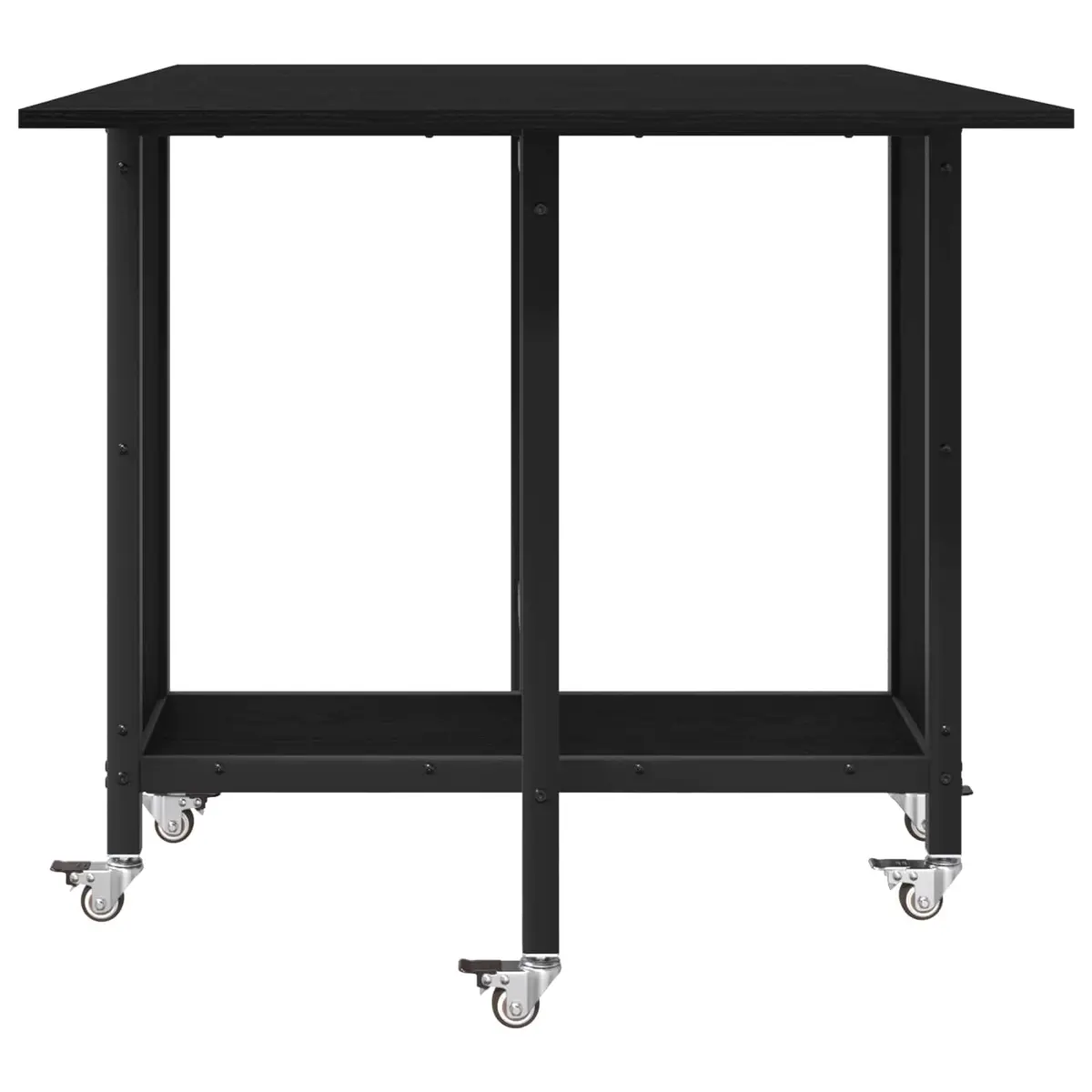 Folding Table Black Engineered Wood 130x80cm with Lockable Wheels and Lower Storage Shelf