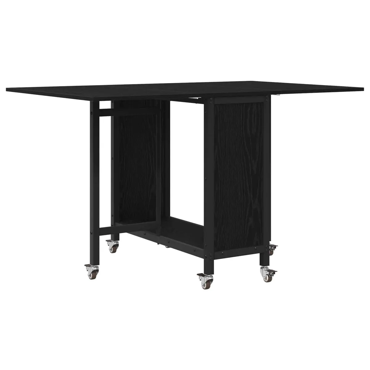 Folding Table Black Engineered Wood 130x80cm with Lockable Wheels and Lower Storage Shelf