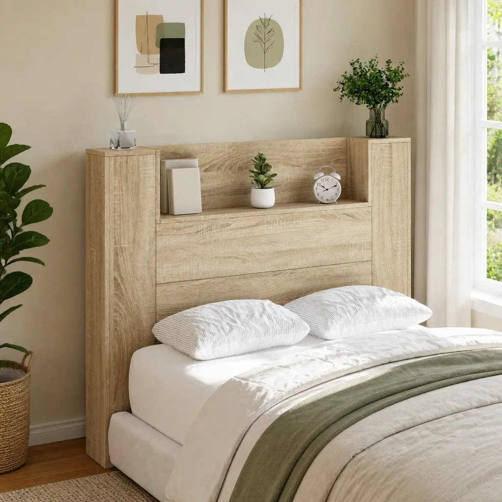 Headboard Cabinet with LED Lights Wall-Mounted Storage Bedroom Tan 120cm Modern