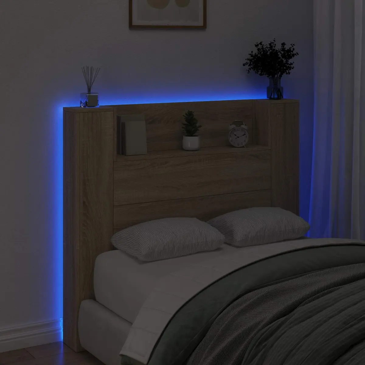 Headboard Cabinet with LED Lights Wall-Mounted Storage Bedroom Tan 120cm Modern