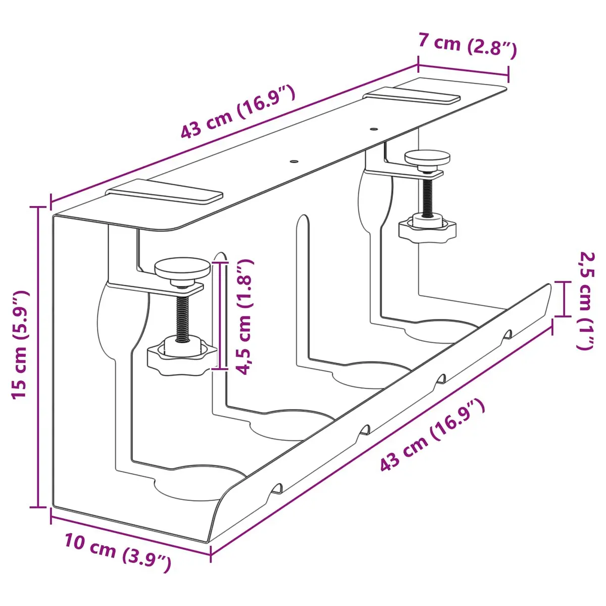 Under Desk Cable Management Tray Cold-Rolled Steel 43 x 10 x 15 cm White 2 Piece