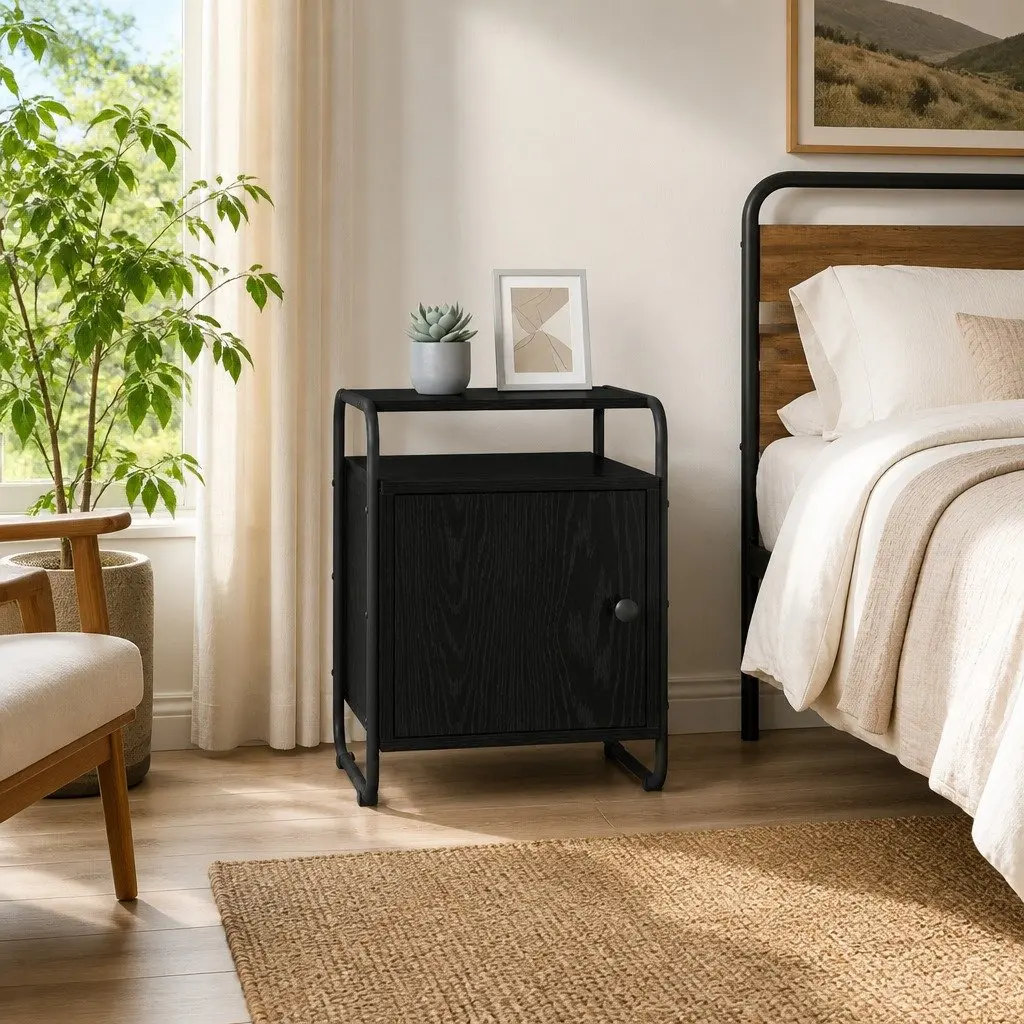 Bedside Cabinet Engineered Wood Black Modern Storage Table