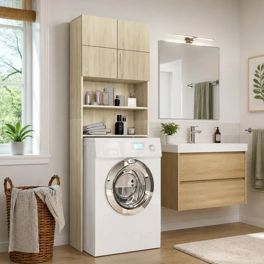 Washing Machine Cabinet Engineered Wood 64W x 25.5D x 190H cm Sonoma Oak Storage Cupboard Bathroom Laundry Organizer