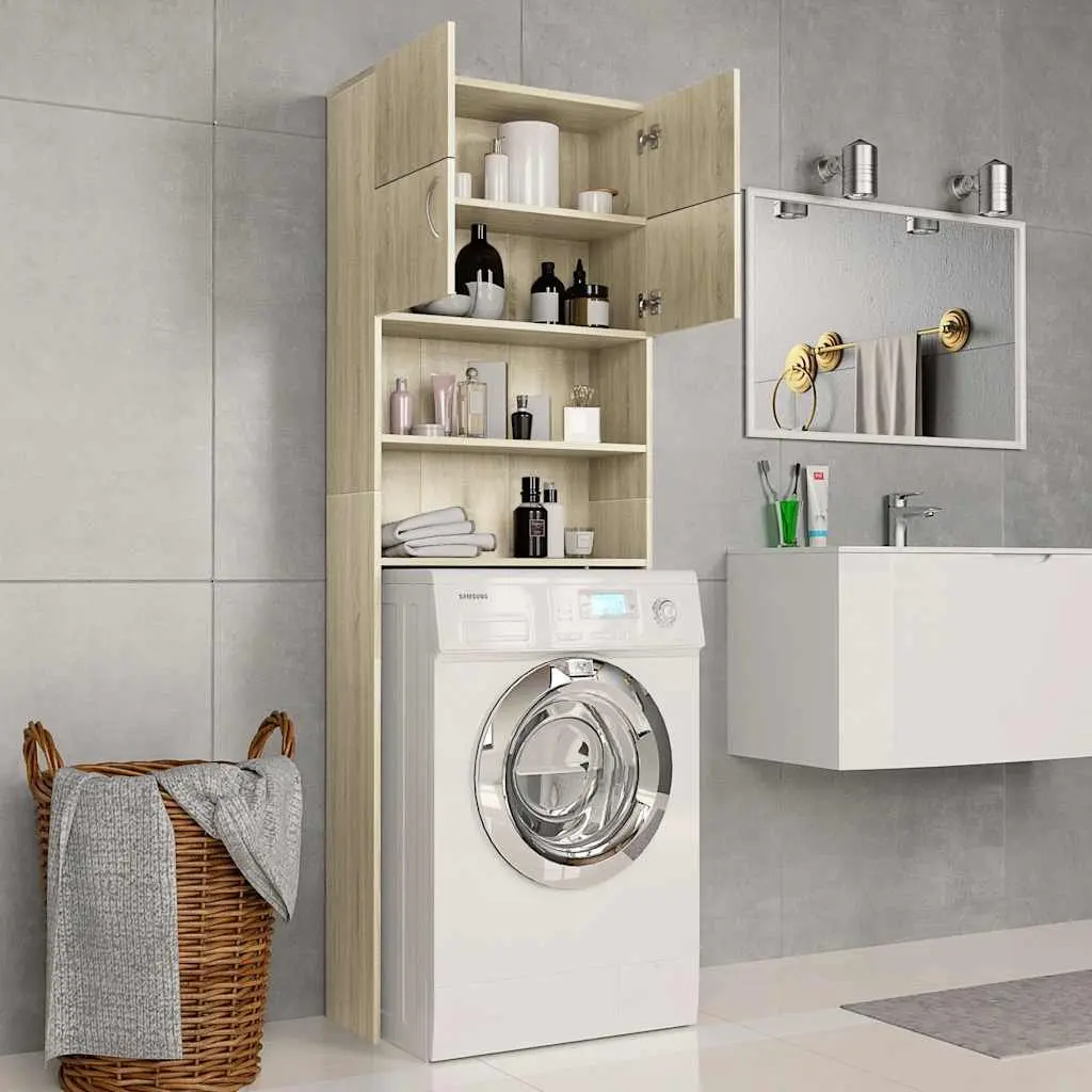 Washing Machine Cabinet Engineered Wood 64W x 25.5D x 190H cm Sonoma Oak Storage Cupboard Bathroom Laundry Organizer