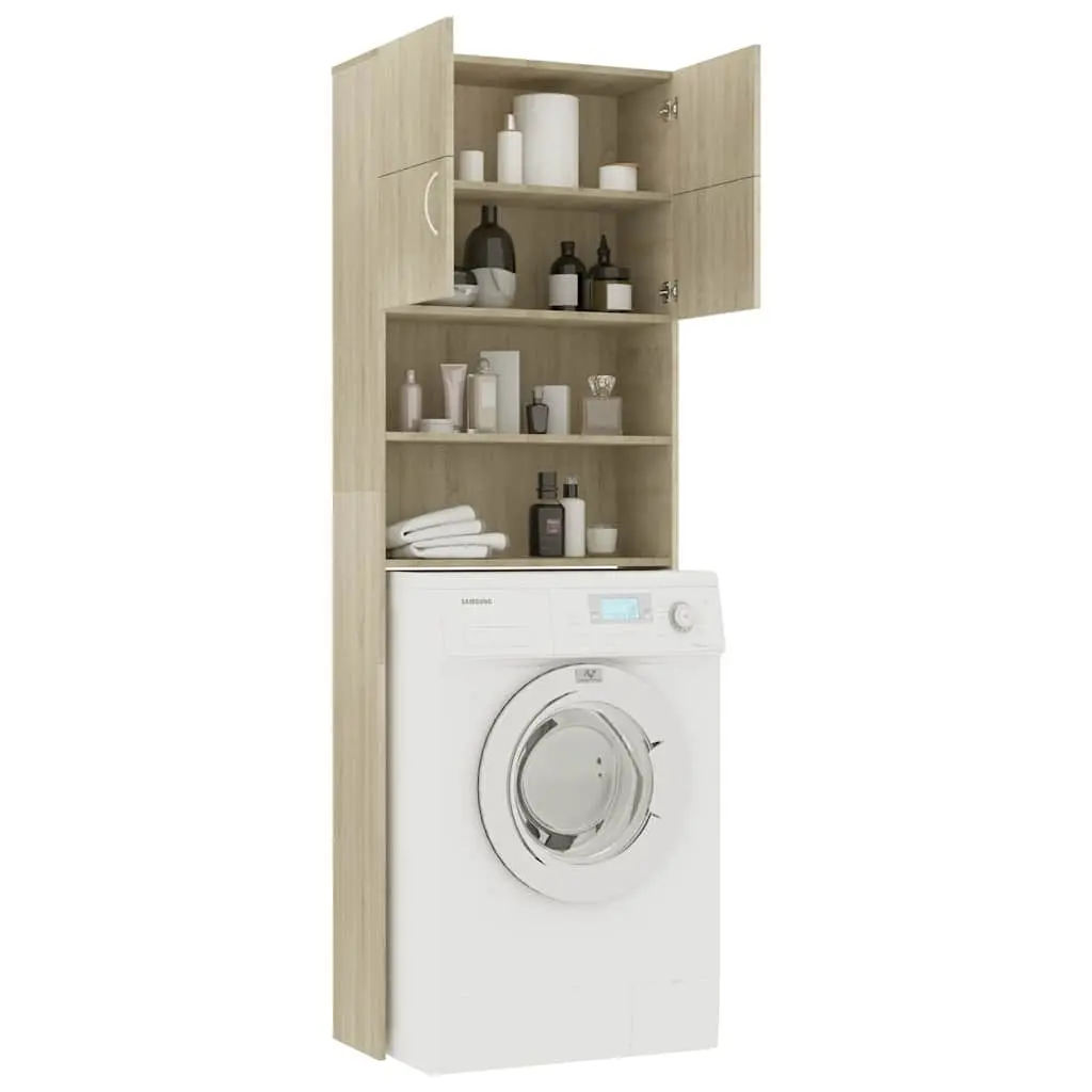 Washing Machine Cabinet Engineered Wood 64W x 25.5D x 190H cm Sonoma Oak Storage Cupboard Bathroom Laundry Organizer