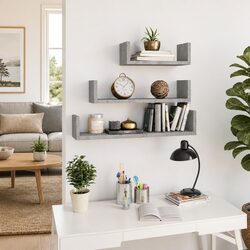 Wall Display Shelf Set 3 Pieces Grey Engineered Wood U-Shaped Storage Shelves
