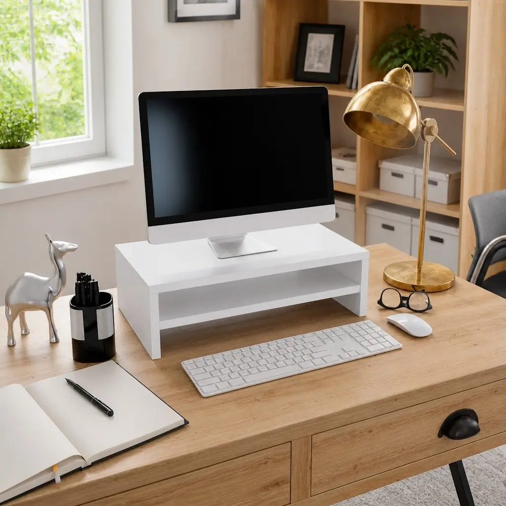 Monitor Stand for Desktop Use Engineered Wood White with Lower Storage Shelf Size 42x24x13cm