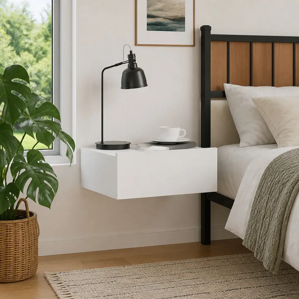 Floating Nightstand Engineered Wood Wall-Mounted Compact White
