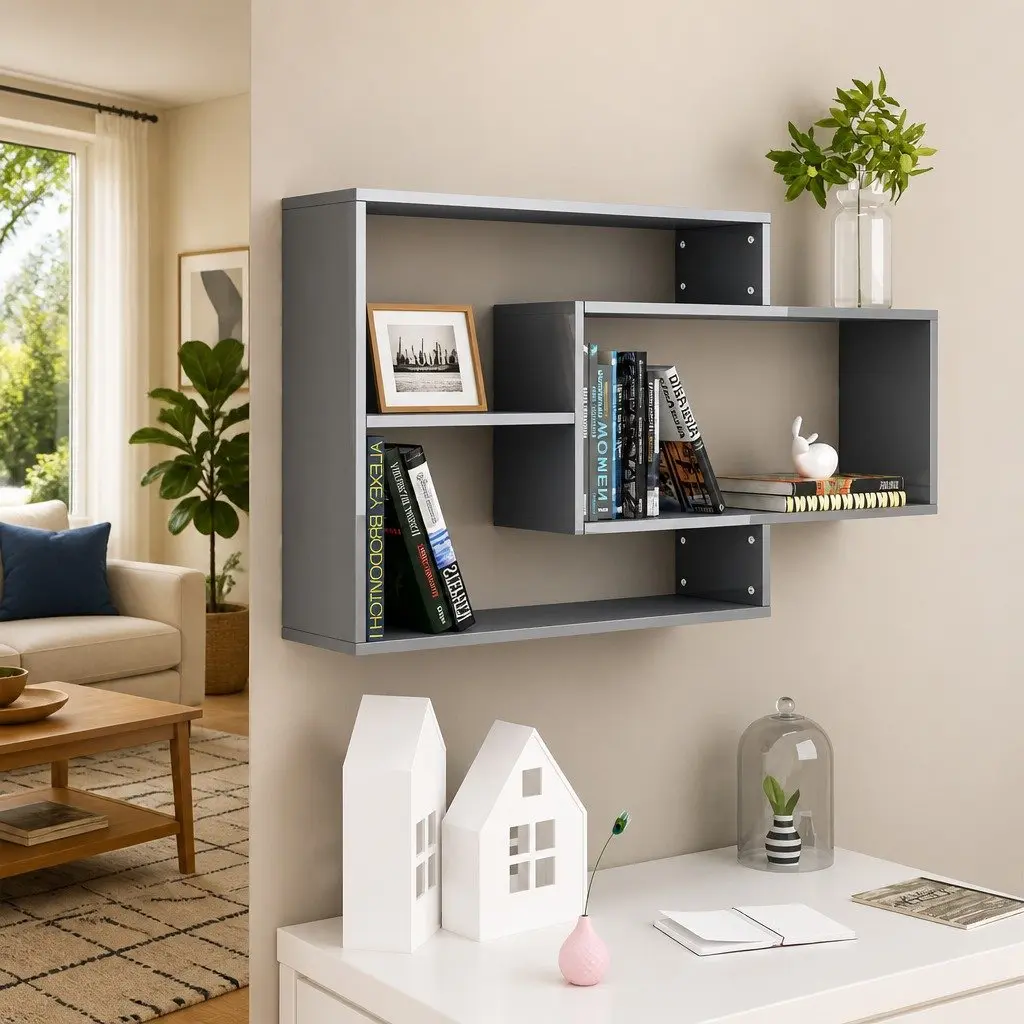 Wall Shelves Engineered Wood Grey High Gloss 3 Open Compartments Storage Display Unit Home Office