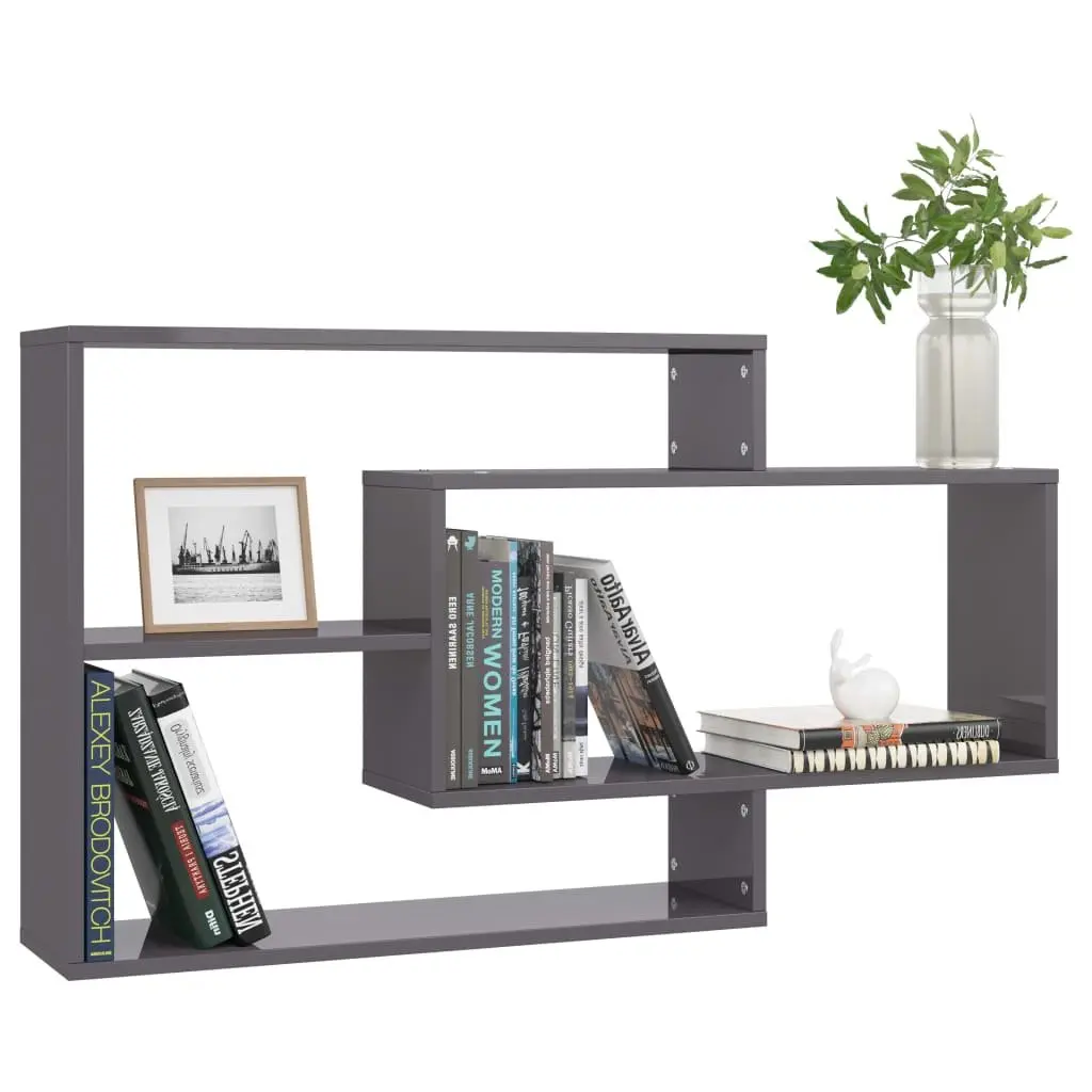 Wall Shelves Engineered Wood Grey High Gloss 3 Open Compartments Storage Display Unit Home Office