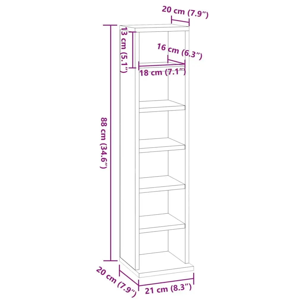 CD Storage Cabinet Engineered Wood Grey Concrete Six Open Compartments 21x20x88cm