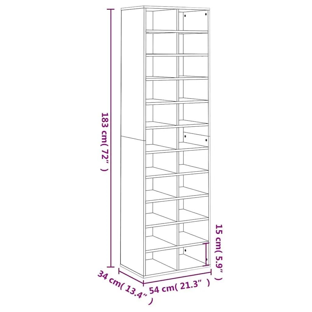Shoe Cabinet Engineered Wood 54x34x183cm White 22 Compartments