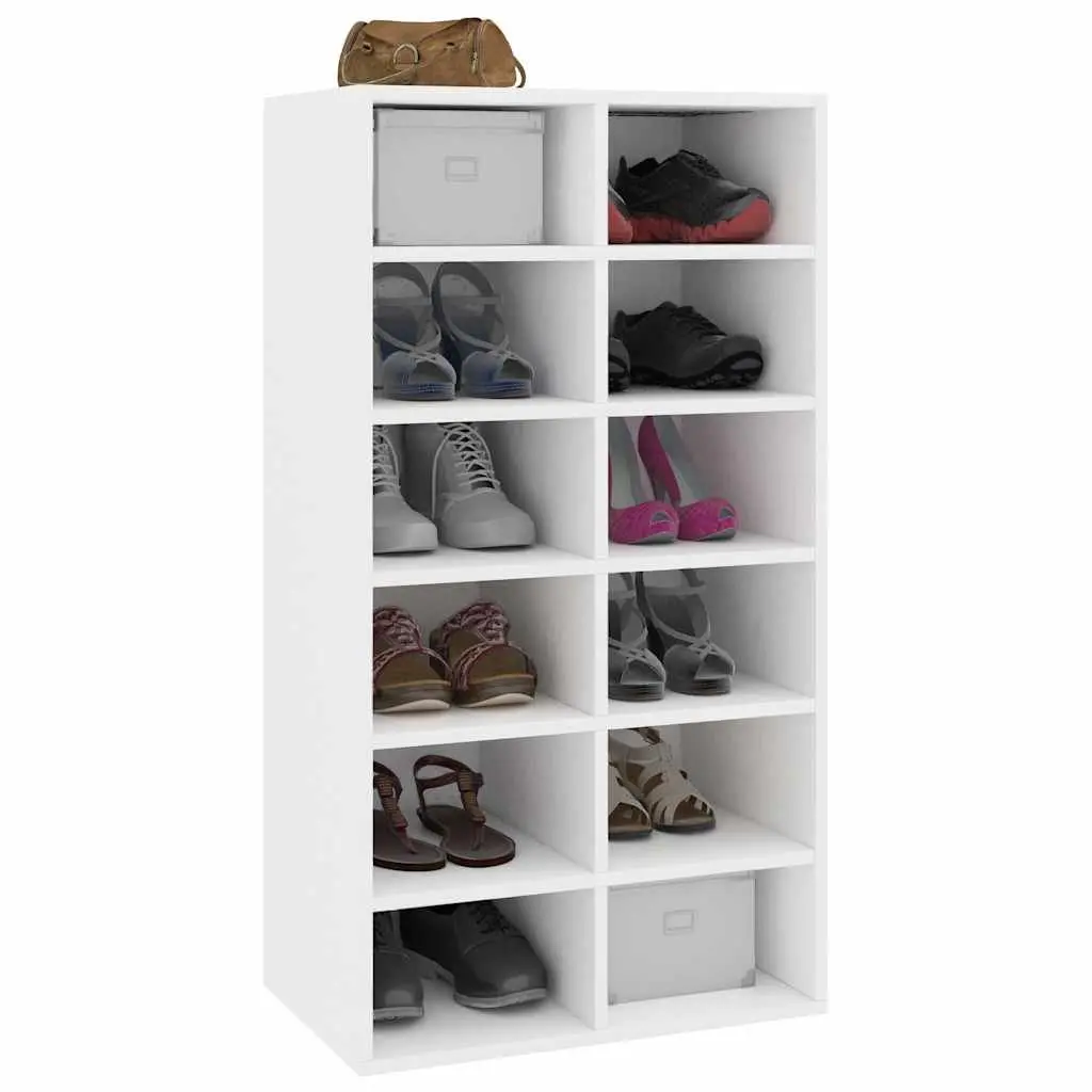 Shoe Rack Engineered Wood 12 Compartment White Storage Unit