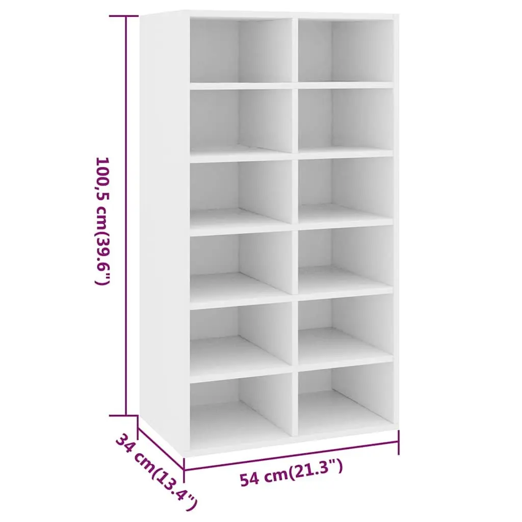 Shoe Rack Engineered Wood 12 Compartment White Storage Unit