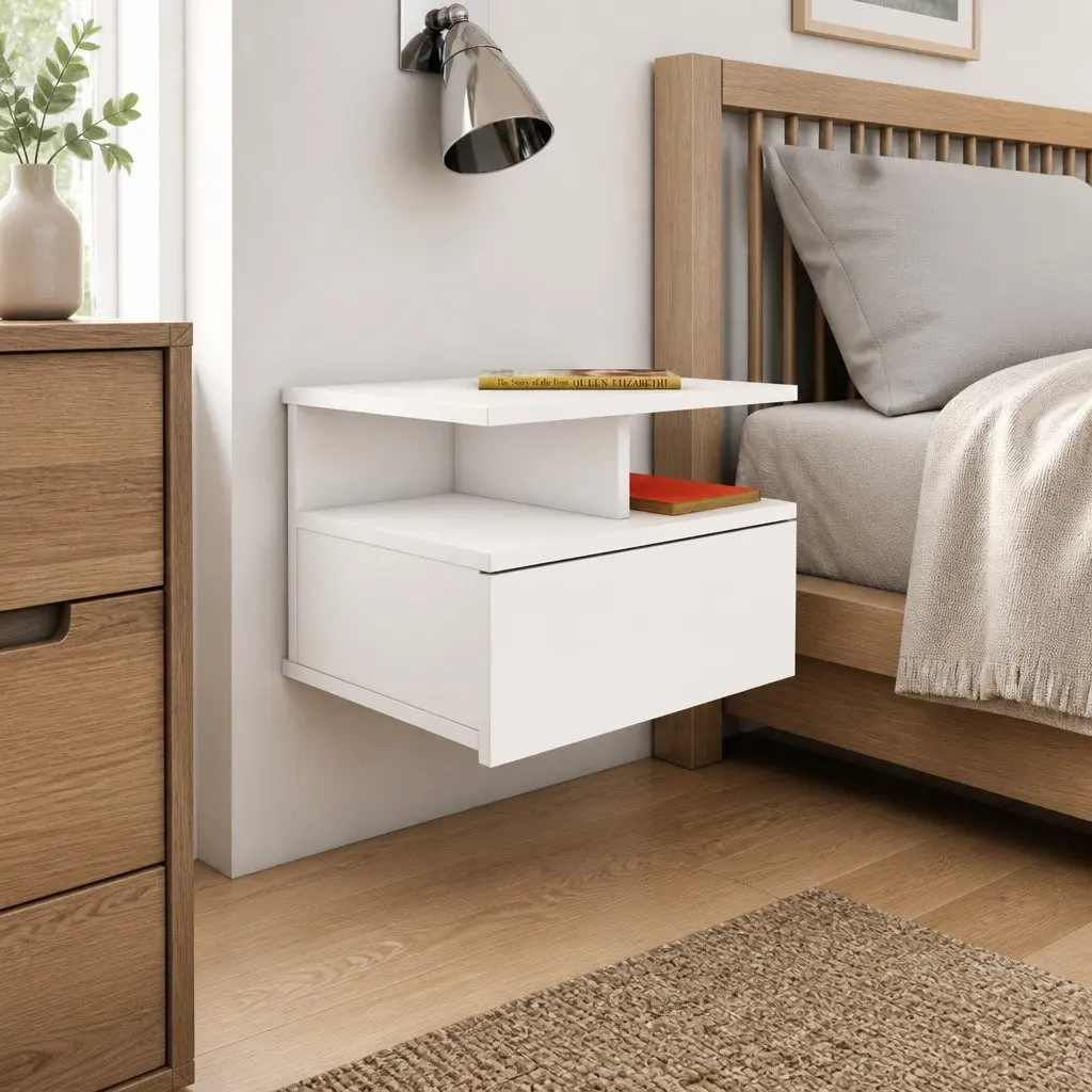 Wall-Mounted Nightstand Engineered Wood White Pair Bedside Table with Open Compartments and Integrated Drawer