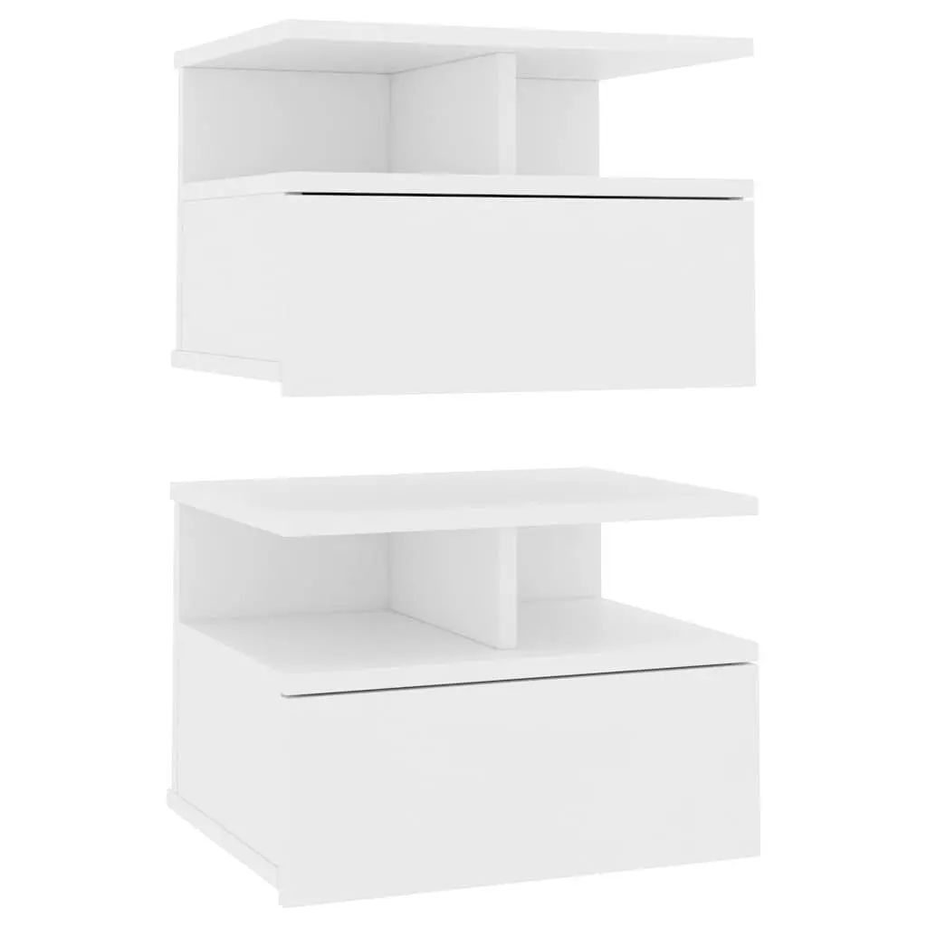 Wall-Mounted Nightstand Engineered Wood White Pair Bedside Table with Open Compartments and Integrated Drawer