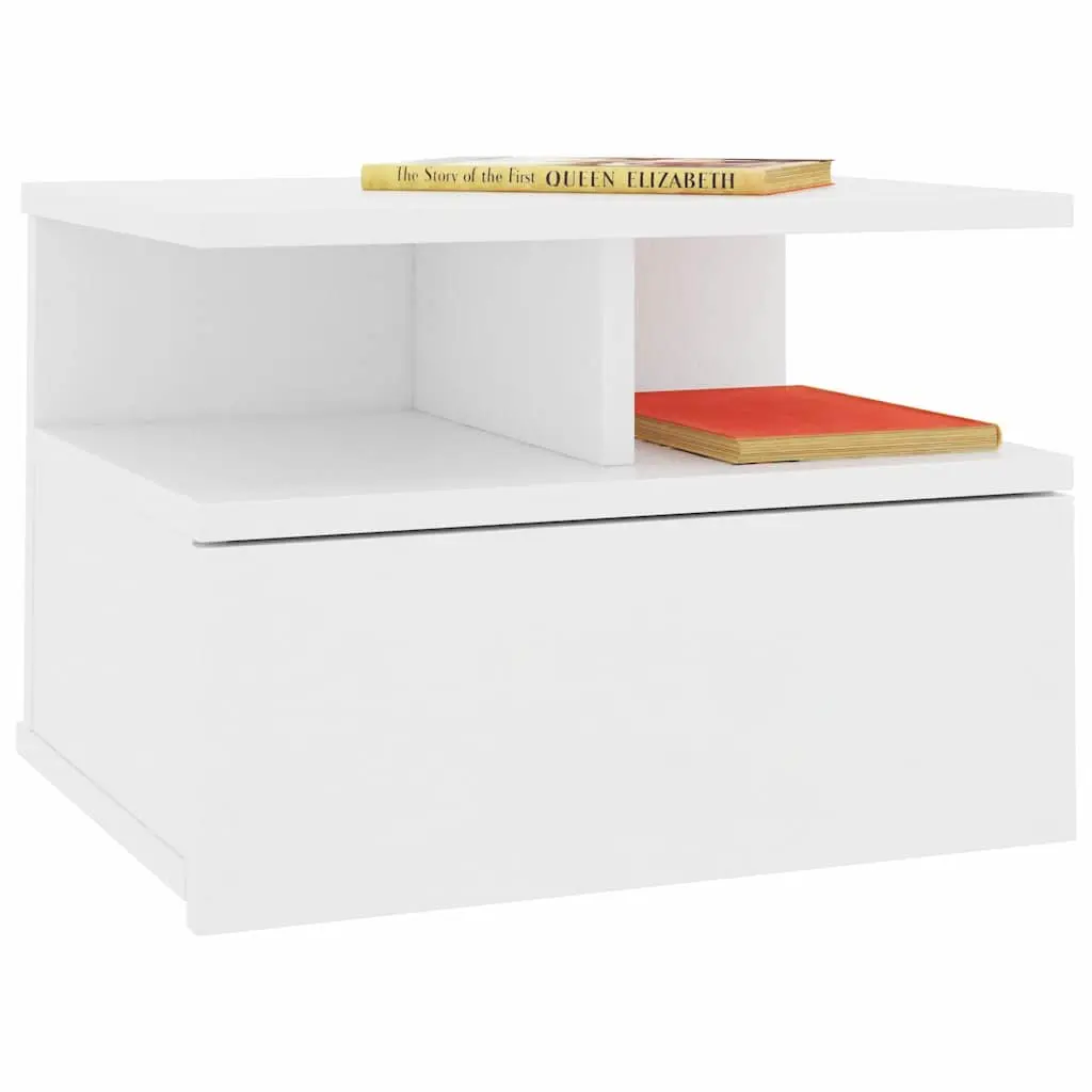 Wall-Mounted Nightstand Engineered Wood White Pair Bedside Table with Open Compartments and Integrated Drawer