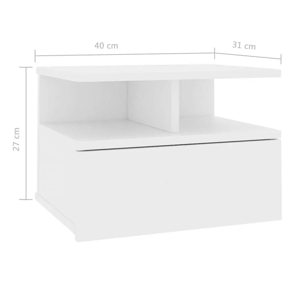 Wall-Mounted Nightstand Engineered Wood White Pair Bedside Table with Open Compartments and Integrated Drawer