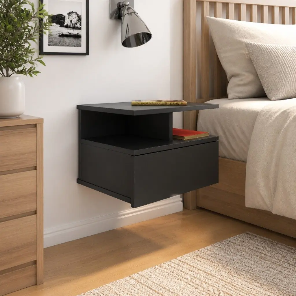 Floating Nightstand Wall-Mounted Engineered Wood 40W x 31D x 27H cm Black