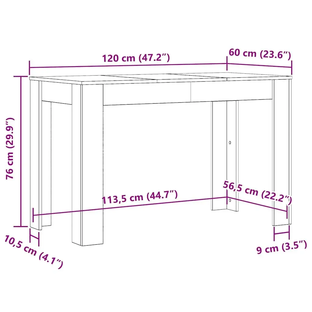 Dining Table Engineered Wood Construction 120x60x76cm White for Kitchen and Dining Room